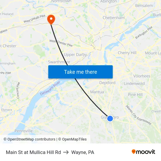 Main St at Mullica Hill Rd to Wayne, PA map