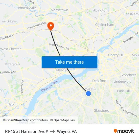 Rt-45 at Harrison Ave# to Wayne, PA map