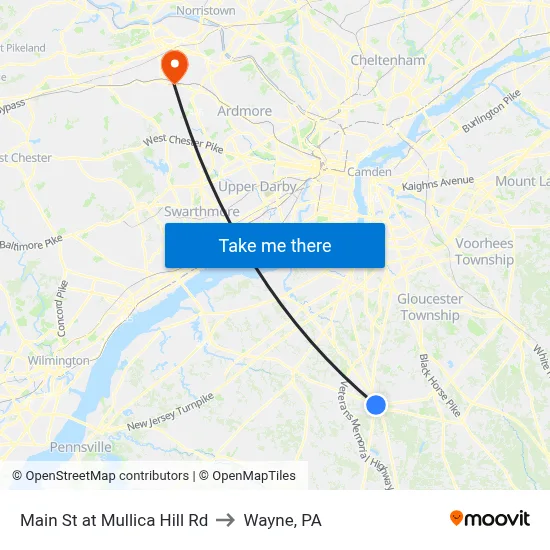 Main St at Mullica Hill Rd to Wayne, PA map