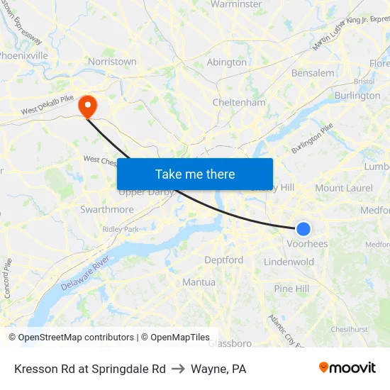 Kresson Rd at Springdale Rd to Wayne, PA map