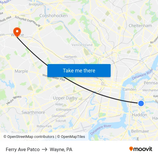 Ferry Ave Patco to Wayne, PA map