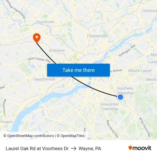 Laurel Oak Rd at Voorhees Dr to Wayne, PA map