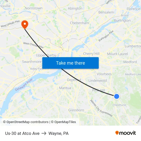 Us-30 at Atco Ave to Wayne, PA map