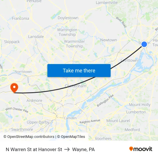 N Warren St at Hanover St to Wayne, PA map