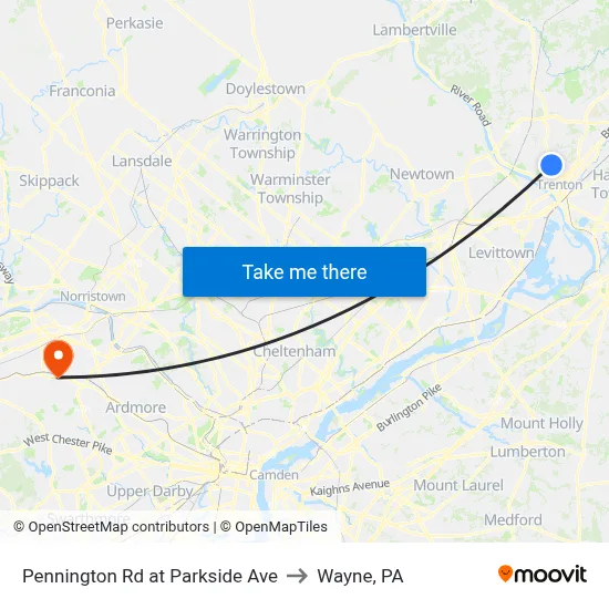 Pennington Rd at Parkside Ave to Wayne, PA map