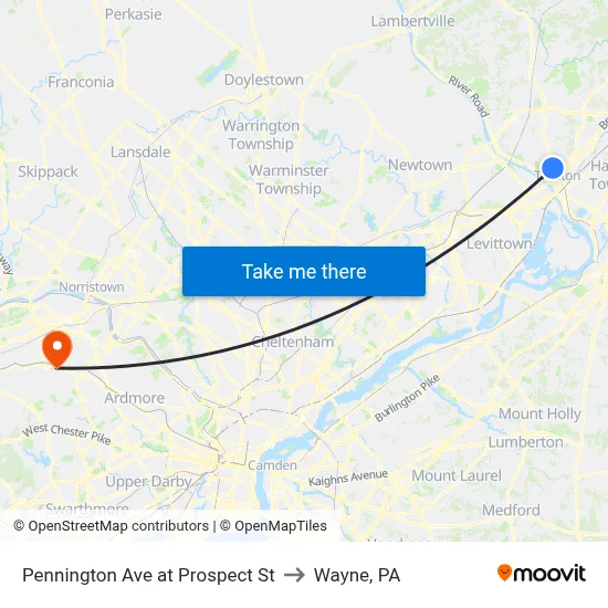 Pennington Ave at Prospect St to Wayne, PA map