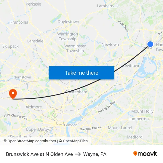 Brunswick Ave at N Olden Ave to Wayne, PA map