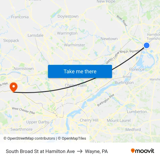 South Broad St at Hamilton Ave to Wayne, PA map