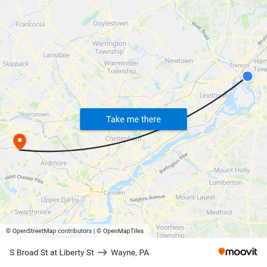 S Broad St at Liberty St to Wayne, PA map