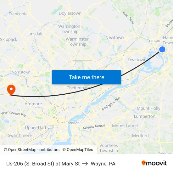 Us-206 (S. Broad St) at Mary St to Wayne, PA map