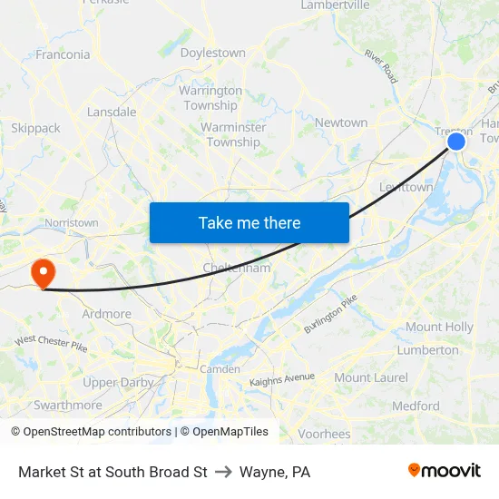 Market St at South Broad St to Wayne, PA map