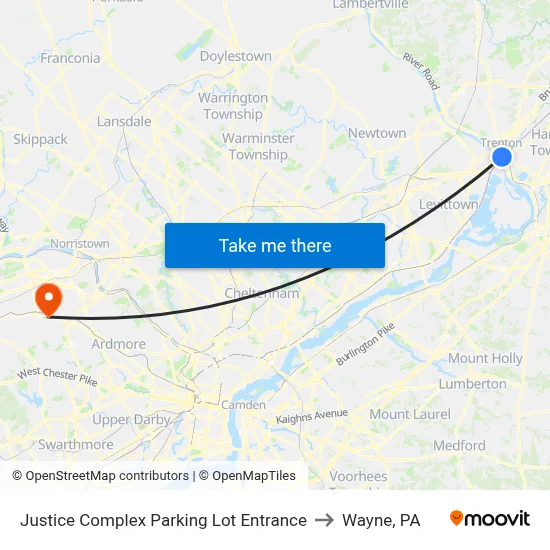 Justice Complex Parking Lot Entrance to Wayne, PA map