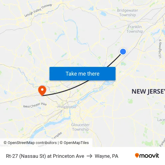 Rt-27 (Nassau St) at Princeton Ave to Wayne, PA map