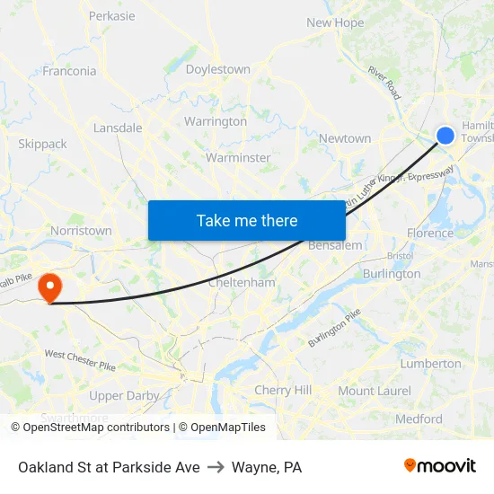 Oakland St at Parkside Ave to Wayne, PA map