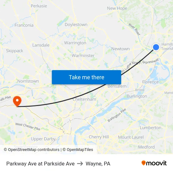 Parkway Ave at Parkside Ave to Wayne, PA map