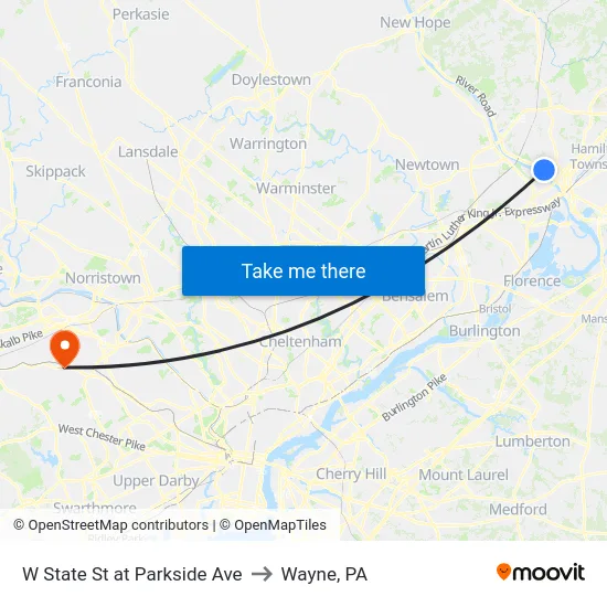 W State St at Parkside Ave to Wayne, PA map