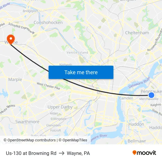 Us-130 at Browning Rd to Wayne, PA map