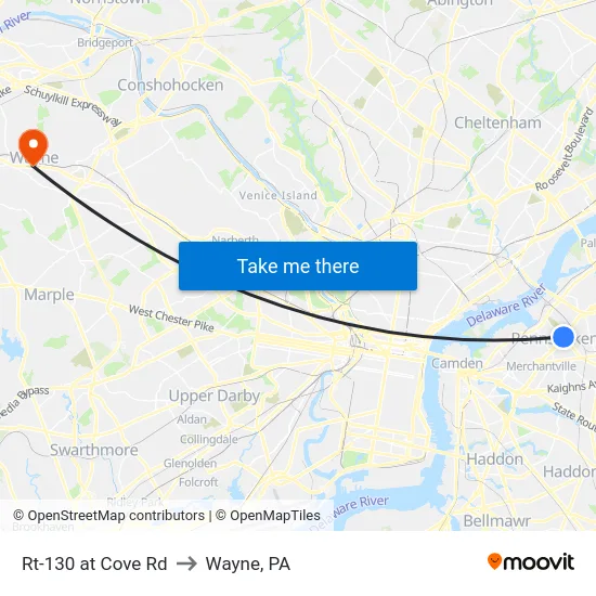 Rt-130 at Cove Rd to Wayne, PA map