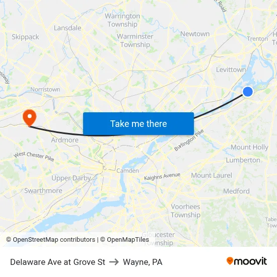 Delaware Ave at Grove St to Wayne, PA map