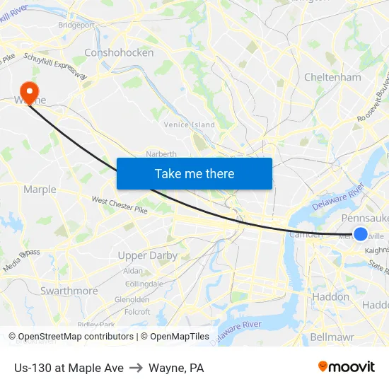 Us-130 at Maple Ave to Wayne, PA map