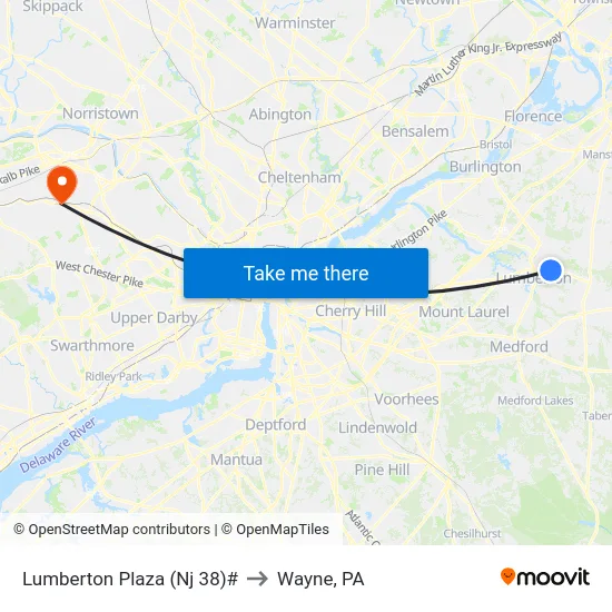 Lumberton Plaza (Nj 38)# to Wayne, PA map