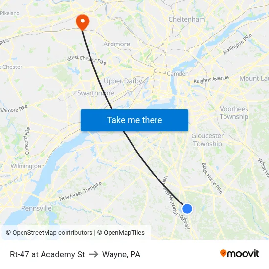 Rt-47 at Academy St to Wayne, PA map