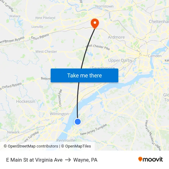 E Main St at Virginia Ave to Wayne, PA map