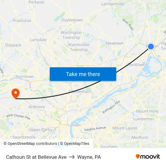 Calhoun St at Bellevue Ave to Wayne, PA map