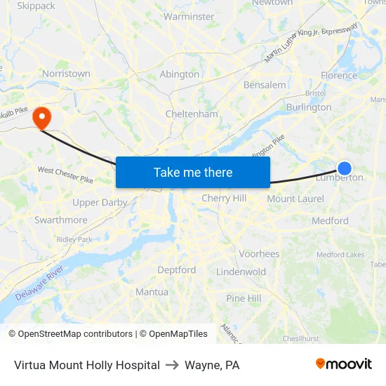 Virtua Mount Holly Hospital to Wayne, PA map