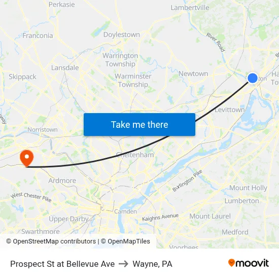 Prospect St at Bellevue Ave to Wayne, PA map