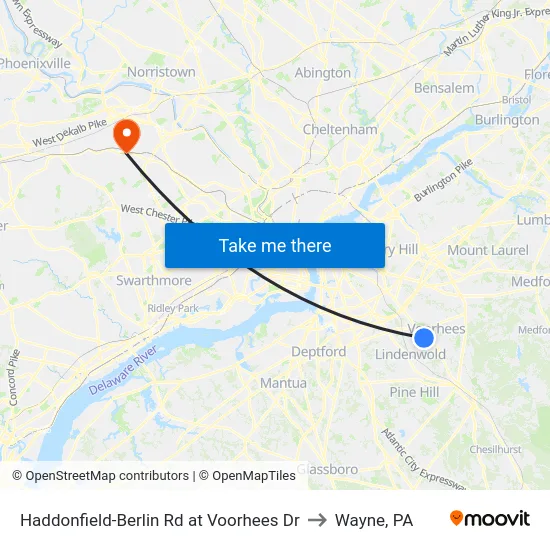 Haddonfield-Berlin Rd at Voorhees Dr to Wayne, PA map
