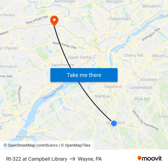 Rt-322 at Campbell Library to Wayne, PA map