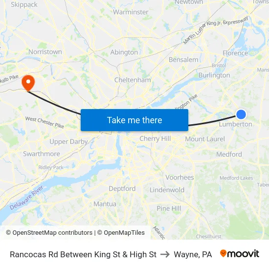 Rancocas Rd Between King St & High St to Wayne, PA map