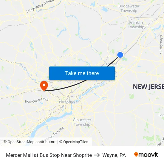 Mercer Mall at Bus Stop Near Shoprite to Wayne, PA map
