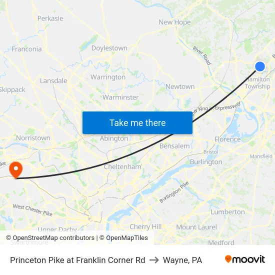 Princeton Pike at Franklin Corner Rd to Wayne, PA map