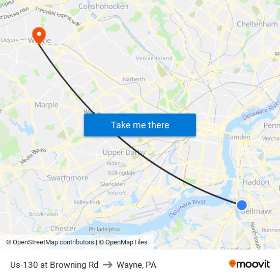 Us-130 at Browning Rd to Wayne, PA map