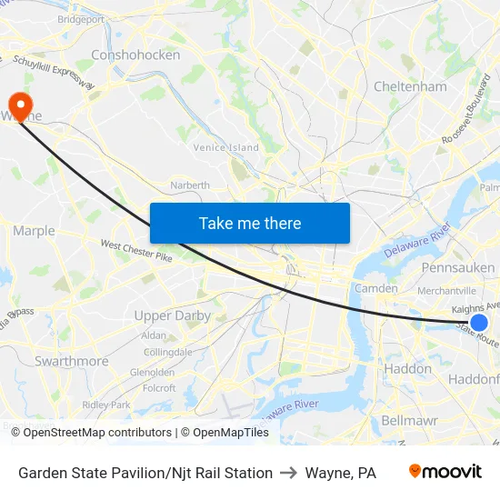 Garden State Pavilion/Njt Rail Station to Wayne, PA map