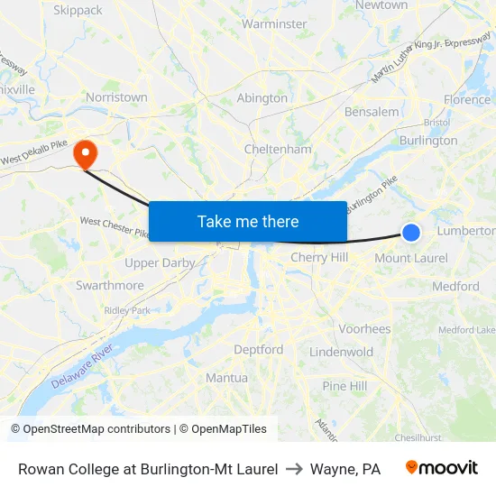 Rowan College at Burlington-Mt Laurel to Wayne, PA map
