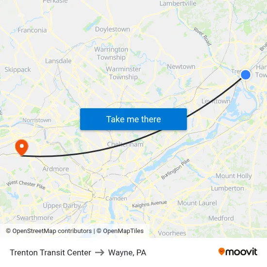 Trenton Transit Center to Wayne, PA map