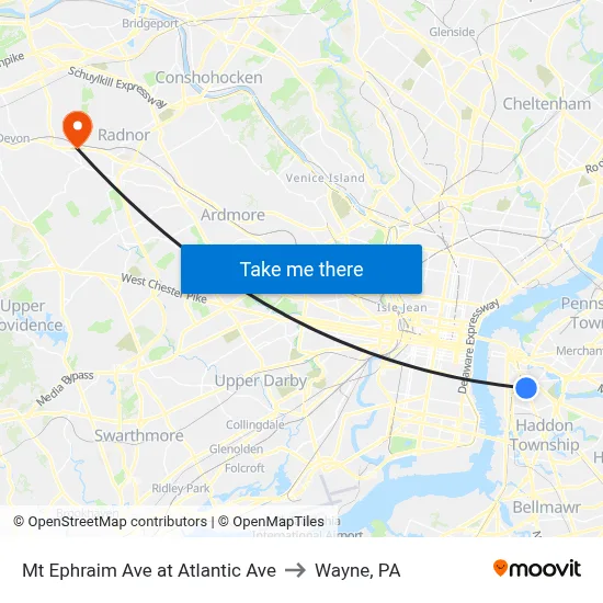 Mt Ephraim Ave at Atlantic Ave to Wayne, PA map