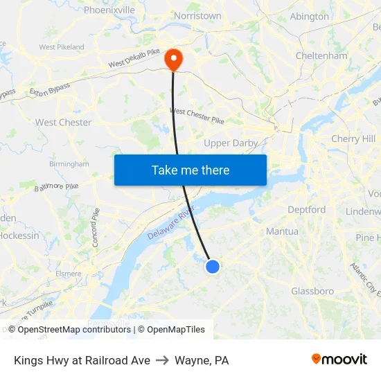 Kings Hwy at Railroad Ave to Wayne, PA map