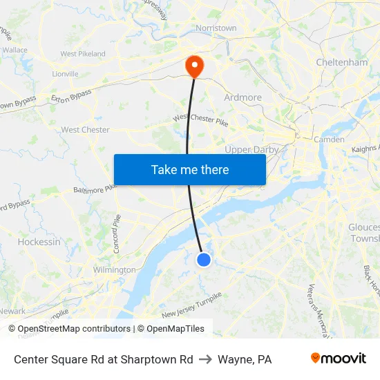 Center Square Rd at Sharptown Rd to Wayne, PA map