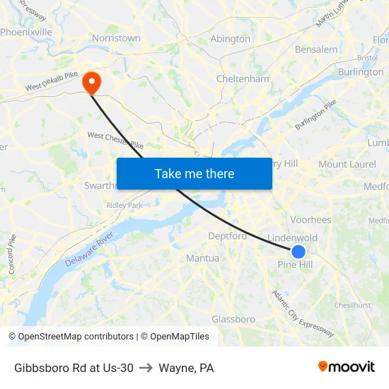 Gibbsboro Rd at Us-30 to Wayne, PA map
