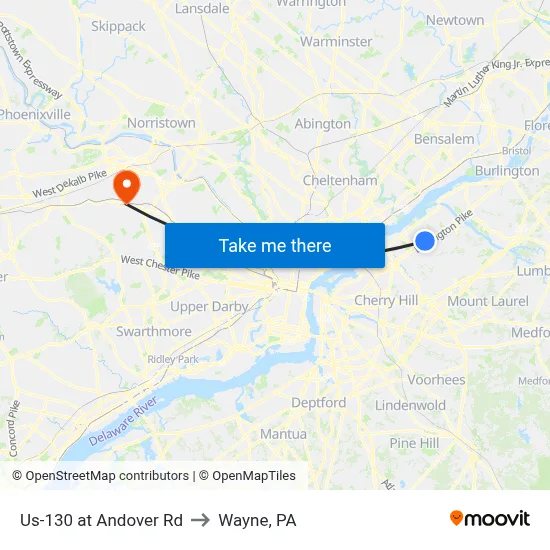 Us-130 at Andover Rd to Wayne, PA map