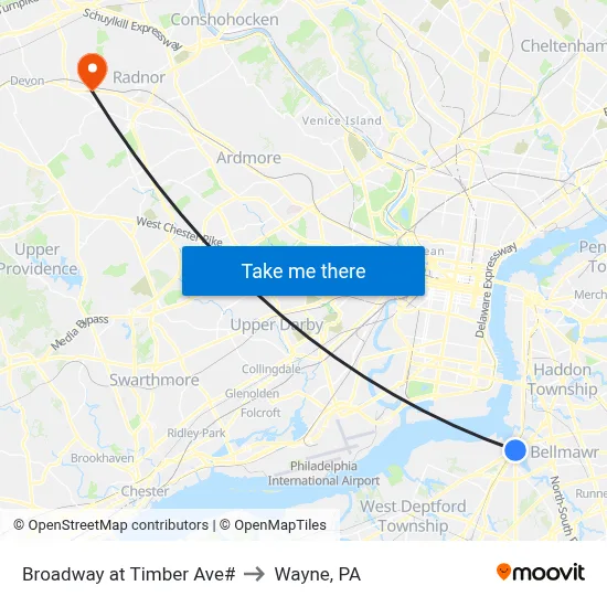 Broadway at Timber Ave# to Wayne, PA map