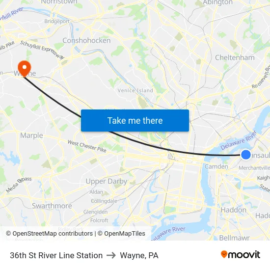 36th St River Line Station to Wayne, PA map