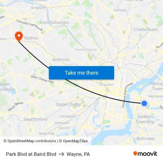 Park Blvd at Baird Blvd to Wayne, PA map