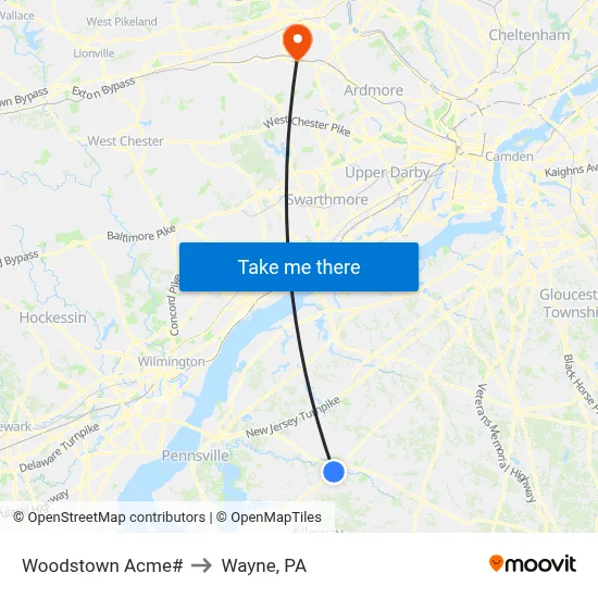Woodstown Acme# to Wayne, PA map
