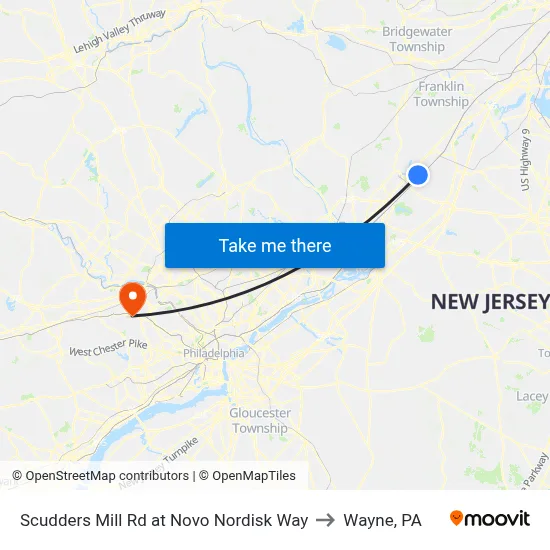 Scudders Mill Rd at Novo Nordisk Way to Wayne, PA map