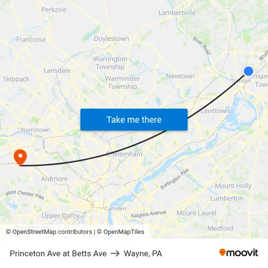 Princeton Ave at Betts Ave to Wayne, PA map
